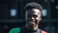 Arsenal's English midfielder #07 Bukayo Saka takes part in a training session at the Arsenal Training centre in Shenley on April 7, 2025, on the eve of their UEFA Champions League Quarter final first leg football match against Real Madrid. (Photo by Adrian Dennis / AFP)
