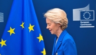 European Commission President Ursula von der Leyen walkss prior to a meeting with Iceland Prime Minister at the EU Commission headquarters in Brussels on April 9, 2025. (Photo by Nicolas TUCAT / AFP)