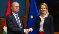 Palestinian Prime Minister Mohammad Mustafa (left) and EU High Representative and Vice-President for Foreign Affairs and Security Policy Kaja Kallas ahead of a European Union Foreign Affairs Council meeting at the European Convention Center Luxembourg (ECCL) in Luxembourg City on April 14, 2025.  (Photo by John Thys / AFP)
