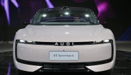 A Audi E5 Sportback car is displayed during the 21st Shanghai International Automobile Industry Exhibition at the National Exhibition and Convention Center in Shanghai on April 25, 2025. (Photo by Hector Retamal / AFP)

