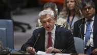 UN High Commissioner for Refugees Filippo Grandi addresses the Security Council at United Nations headquarters in New York City on April 28, 2025. Photo by ANGELA WEISS / AFP.
