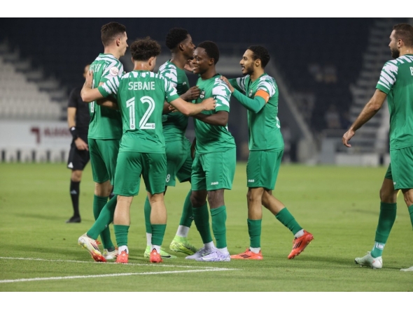 Al Ahli’s Abdulrasheed Umaru (second right) celebrates with teammates after netting the extra-time winner against Qatar SC in the Amir Cup Round of 16 yesterday. 