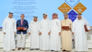 Minister of State and President of Qatar National Library H E Dr. Hamad bin Abdulaziz Al-Kawari; H E Sheikh Faisal bin Qassim Al Thani  and H E Professor Dr. Youssef bin Mohammed Al Obaidan with other awardees and participants during the ceremony.