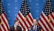 US Treasury Secretary Scott Bessent (R) and US Trade Representative Jamieson Greer hold a news conference in Geneve on May 12, 2025. (Photo by Fabrice Coffrini / AFP)