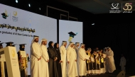 Minister of Social Development and Family H E Buthaina bint Ali Al Jabr Al Nuaimi; Minister of Labour H E Dr. Ali bin Smaikh Al Marri; and Minister of Education and Higher Education H E Lolwah bint Rashid bin Mohammed Al Khater with other officials and alumni during the event.