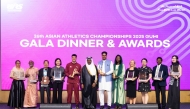Asian Athletics Association President Dahlan Jumaan Al-Hamad (centre) with Best U20 Athlete Seifeldin Heneida Abdesalam of Qatar, Best U20 Athlete of Asia Arshad Nadeem of Pakistan and other award winners.