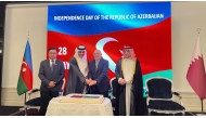 Minister of Transport H E Sheikh Mohammed bin Abdulla bin Mohammed Al Thani, Ambassador of Azerbaijan to Qatar H E Adish Mammadov, and others at Azerbaijan Independence Day celebrations.