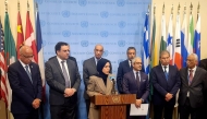 Permanent Representative of Qatar H E Sheikha Alya Ahmed bin Saif Al-Thani addressing the media.