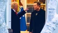 (FILES) US President Donald Trump and Elon Musk (R) speak before departing the White House on his way to his South Florida home in Mar-a-Lago in Florida on March 14, 2025. (Photo by ROBERTO SCHMIDT / AFP)

