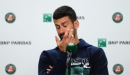 Serbia's Novak Djokovic holds a press conference after he lost his men's singles semi-final match against Italy's Jannik Sinner in Paris on June 6, 2025. (Photo by Dimitar Dilkoff / AFP)
 