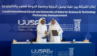 QMMF and LIC President Abdulrahman Al Mannai with UDST President Dr. Salem Al-Naemi following the signing of the partnership.