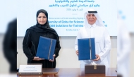 President of UDST Dr. Salem Al-Naemi (right) and CEO of Q Three Sixty Sheikha Amal Al-Thani during the agreement signing ceremony.