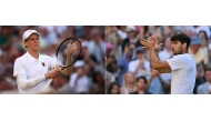 (COMBO) This combination of file pictures created on July 11, 2025 shows Italy's Jannik Sinner celebrating after victory over Serbia's Novak Djokovic (L) and Spain's Carlos Alcaraz celebrating after winning against Britain's Cameron Norrie (R), during 2025 Wimbledon Championships at The All England Lawn Tennis and Croquet Club in Wimbledon, southwest London. Spain's Carlos Alcaraz and Italy's Jannik Sinner will face each other in the men's singles final tennis match of the 2025 Wimbledon Championships, on July 13, 2025. (Photo by HENRY NICHOLLS and Glyn KIRK / AFP)