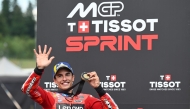 Ducati Lenovo Team’s Marc Marquez celebrates after winning the Czech Moto GP Grand Prix sprint race.