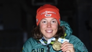 German Biathlete Laura Dahlmeier celebrates during the medal ceremony of the women's 10km pursuit competition at the IBU Biathlon World Championships in Ostersund, Sweden, on March 10, 2019. Photo by Jonathan NACKSTRAND / AFP