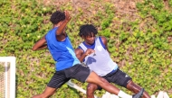 Al Wakrah’s Gelson Dala (right) in action with a teammate during training.