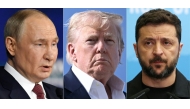 This combination of pictures created on August 06, 2025 shows (L-R) Russia's President Vladimir Putin in Saint Petersburg, Russia on June 20, 2025, US President Donald Trump at RAF Lossiemouth, Scotland on July 29, 2025 and Ukraine's President Volodymyr Zelensky in Strasbourg, France, on June 25, 2025. (Photo by AFP)