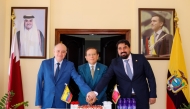 Ecuadorian Ambassador to Qatar, H E Pascual Del Cioppo (centre), together with other officials, cutting a cake to mark Ecuador’s 216th independence anniversary.