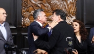 Senator Alejandro Moreno (L) of the Institutional Revolutionary Party (PRI) scuffles with Senator Gerardo Fernandez Norona of the National Regeneration Movement Party (Morena) during a session of the Permanent Commission of the Senate in Mexico City on August 27, 2025. (Photo by AFP)
 
