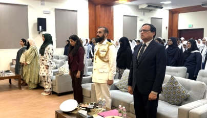 Commodore Sheir Wali Khan, Defence Attaché at the Embassy of Pakistan to Qatar; Principal of PISQ, Chaudhry Muhammad Afzal; and other officials and guests during the event.