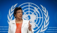 Chair of the Independent International Commission of Inquiry on the Occupied Palestinian Territory, including East Jerusalem, and Israel, South African judge Navi Pillay, gestures after a press conference in Geneva on September 16, 2025. Photo by Fabrice COFFRINI / AFP