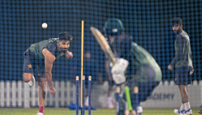 Pakistan's Haris Rauf bowls during a practice session at the International Cricket Council (ICC) Academy in Dubai on September 16, 2025, ahead of their Asia Cup 2025 Twenty20 international cricket match against the UAE. (Photo by Sajjad Hussain / AFP)
