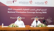 Director of the Health Protection and Communicable Disease Control Department at the Ministry Dr. Hamad Eid Al-Rumaihi  and Director of Statistical Operations at the National Planning Council Saud Matar Al-Shammari during the press conference. 