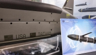 Signs of the US and Taiwan symbolising bilateral cooperation are seen on the Barracuda-500, a low-cost autonomous cruise missile jointly developed by NCSIST and US company Anduril, during the Taipei Aerospace & Defense Technology Exhibition in Taipei on July 18, 2025. (Photo by I-Hwa Cheng / AFP)