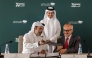 Founder and CEO of Snoonu, Hamad Mubarak Al-Hajri and President of Higher Education and Education Advisor, Qatar Foundation, Francisco Marmolejo at the signing  event. 