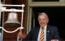 File: Retired umpire Dickie Bird rings the five minute bell during play on the first day of the first cricket Test match between England and New Zealand at Lord's cricket ground in London on May 21, 2015. (Photo by Ian Kington / AFP) 