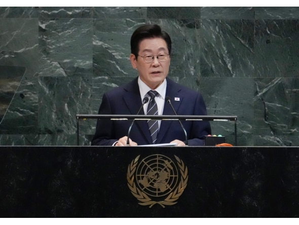 South Korea's President Lee Jae Myung speaks during General Debate of the United Nations General Assembly at the UN headquarters in New York City on September 23, 2025. (Photo by Timothy A Clary / AFP)