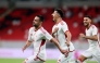 Al Shamal’s Omid Ebrahimi (left) celebrates his equaliser with teammates Baghdad Bounedjah (centre) and Mohamed Naceur Manai.