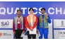 Qatar's Ali Tamer (left) celebrates on the podium with gold winner Wang of China and India’s Srihari Natraj who won the bronze, in the 100m freestyle event. 