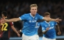 Napoli's Danish forward #19 Rasmus Hojlund celebrates after scoring his team's second goal during the Italian Serie A football match between SSC Napoli and Genoa CFC at the Diego Armando Maradona Stadium in Naples on October 5, 2025. (Photo by CARLO HERMANN / AFP)

