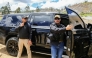 This handout picture released by the Ecuadorean Presidency shows the vehicle in which Ecuador's President Daniel Noboa was traveling when it was hit by gunfire in Caٌar, Ecuador, on October 7, 2025. (Photo by Handout / Ecuadorian Presidency / AFP)