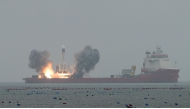 A Gravity-1 carrier rocket carrying a wide-field satellite and two experimental satellites blasts off from waters off the coast of Haiyang, east China's Shandong Province, Oct. 11, 2025. (Photo by Guo Jinqi/Xinhua)
