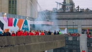 Protesters leave Gare de Bruxelles-Nord railway station as they take part in a demonstration during a national day of action against the austerity of the federal Arizona government, in Brussels on October 14, 2025. (Photo by Marius Burgelman / Belga / AFP)