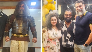 Hariprashanth MG as King Vijayendra in ‘Kantara: A Legend Chapter 1’ (left) and with Rishabh and Pragathi Shetty. Photos were provided by the actor.  