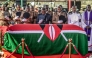 The coffin is carried by officials during the final day of funeral proceedings for Odinga at the Jaramogi Oginga Odinga University grounds in Bondo, on October 19, 2025. (Photo by Luis Tato / AFP)