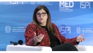Minister of State for Foreign Affairs and Expatriates of the Palestinian National Authority H E Varsen Aghabekian Shahin speaking during a special session at Mediterranean Dialogues 2025 in Naples, Italy.