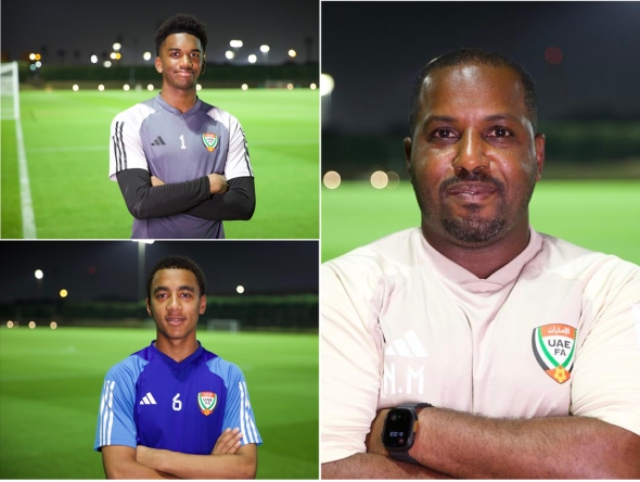 Clockwise from top left: Goalkeeper Jassim Al Hammadi; Assistant coach and former UAE player Nawaf Mubarak; and UAE player Abdulrahman Al Awani 