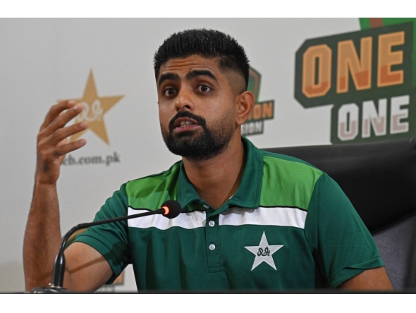 (FILES) Pakistan's cricket team captain Babar Azam speaks during a press conference at the Gaddafi Stadium in Lahore on September 26, 2023. (Photo by Arif Ali / AFP)
