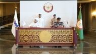 Chief of Staff of Qatar Armed Forces H E Lt Gen (Pilot) Jassim bin Mohammed Al Mannai and Chief Investment Officer at Barzan Holdings Mohammed Ahmad Al Mulla witnessing the agreement signed by Chairman of the DIMDEX Organising Committee Staff Brigadier (Sea) Abdulbaqi Saleh Al Ansari and Chief Commercial Officer at Barzan Holdings Omar Fahad Al Qadi.