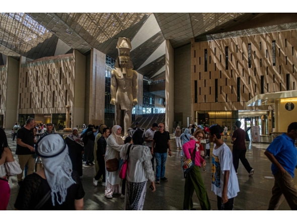 (Files) Visitors tour the Grand Egyptian Museum in Giza on the southwestern outskirts of the capital Cairo on May 5, 2025. (Photo by Khaled Desouki / AFP)
