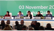 Minister of State for International Cooperation H E Maryam bint Ali bin Nasser Al Misnad (second right) and other dignitaries at the Alliance’s First Leaders’ Meeting in Doha yesterday.