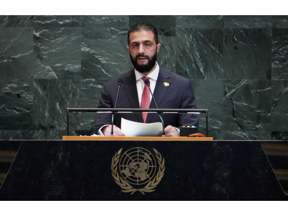 Syrian President Ahmed al-Sharaa speaks during the General Debate of the United Nations General Assembly at the UN headquarters in New York City on September 24, 2025. (Photo by TIMOTHY A. CLARY / AFP)