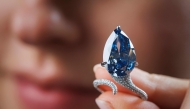 The 9.51-carat vivid blue diamond, known as “The Mellon Blue”, during its presentation at Christie’s auction house in Geneva. Photo by Valentin Flauraud / AFP