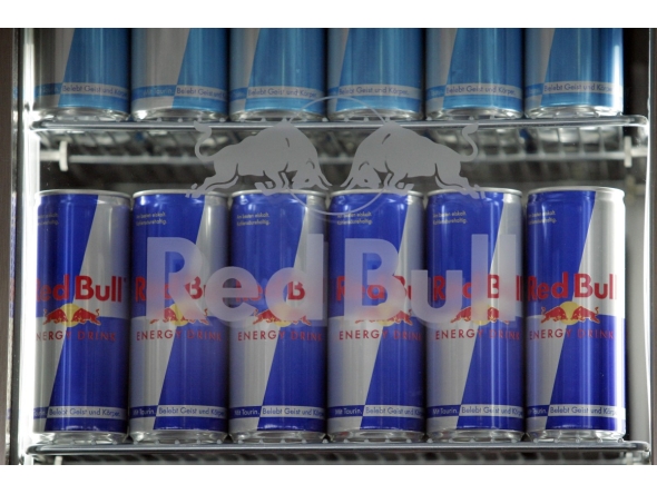 This photograph shows Red Bull drink cans at the Red Bull Formula One team motorhome, in Hockenheim, on July 18, 2008. Photo by Guillaume BAPTISTE / AFP