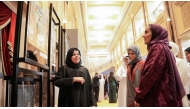 Minister of Education and Higher Education H E Lolwah bint Rashid Al Khater, Chairperson of Doha Film Institute H E Sheikha Al Mayassa bint Hamad Al-Thani along with senior officials and students at the inauguration of the art exhibition.