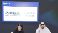 Invest Qatar CEO, Sheikh Ali Alwaleed Al-Thani, and Head of Global Business, DAS Intellitech, Claire Liu during the signing ceremony.